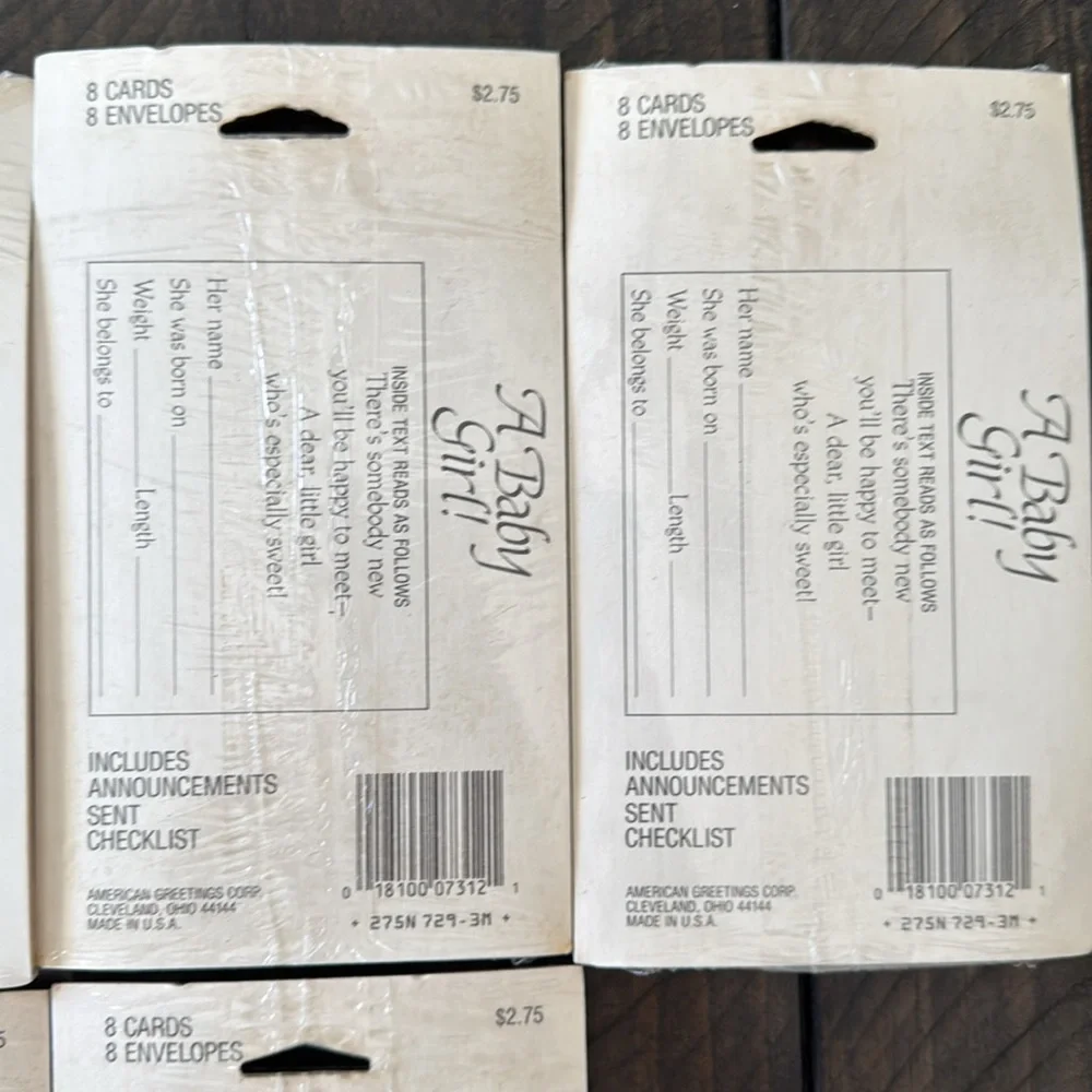 7 unopened packages of 1980s birth announcements and thank you notes.